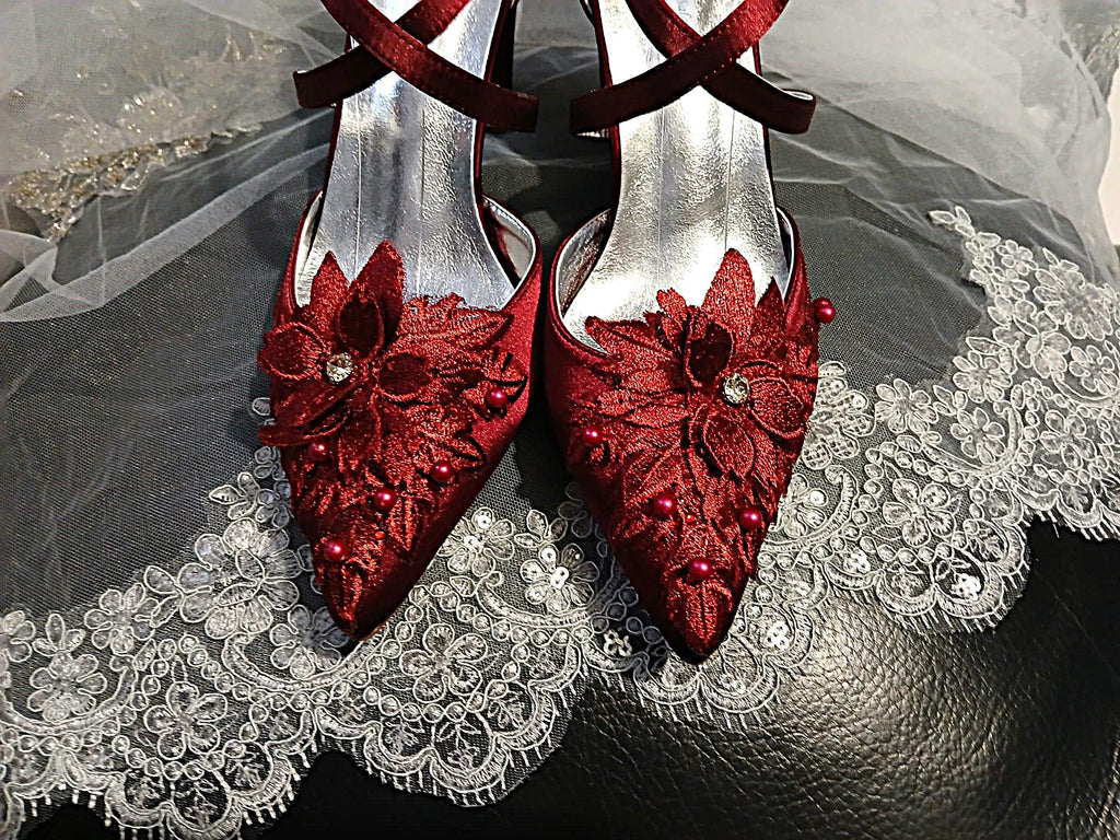 Wine Red Satin Shoes with Floral Clutch Bag: Burgundy Block Heel Sandals