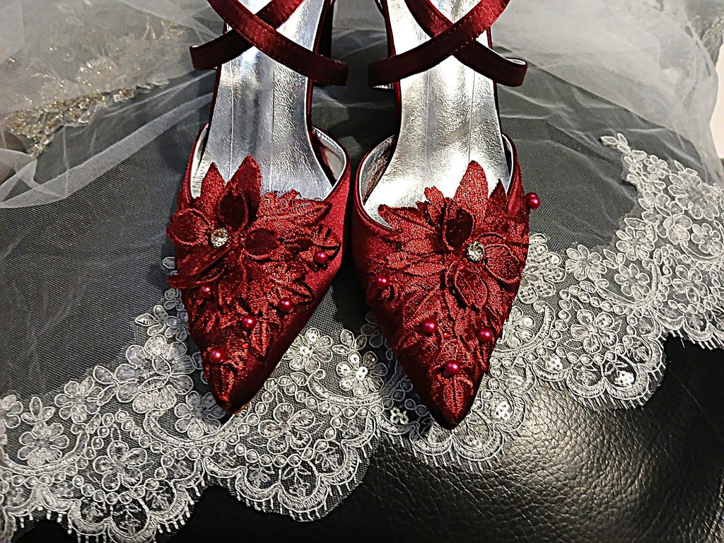 Burgundy Satin Shoe, Clutch & Hat Set: Wine Red Floral Block Heel