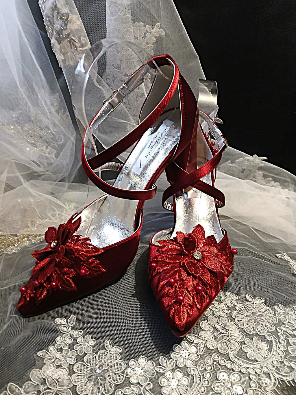 Wine Red Satin Shoes with Floral Clutch Bag: Burgundy Block Heel Sandals