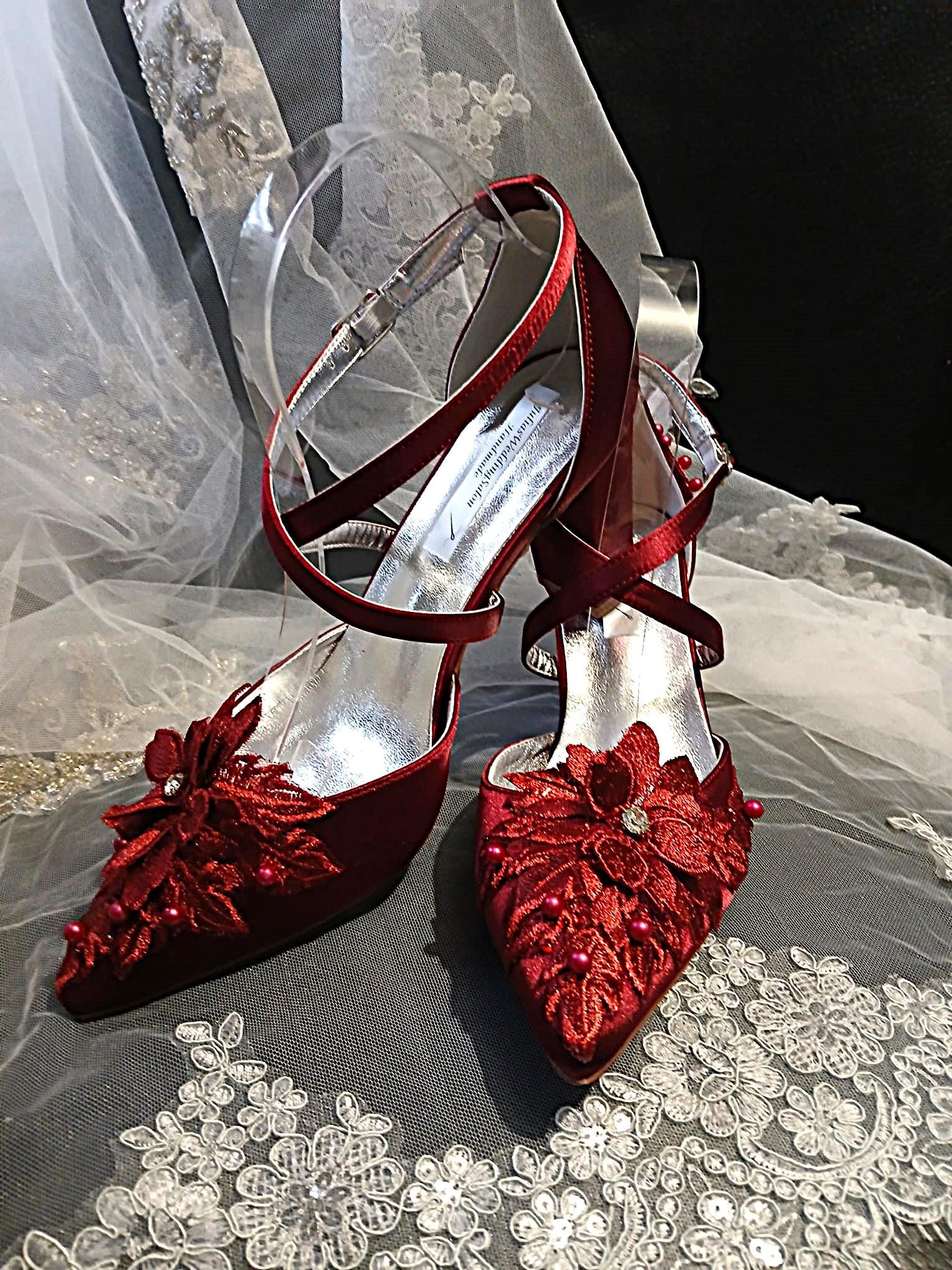 Wine Red Satin Shoes with Floral Clutch Bag: Burgundy Block Heel Sandals