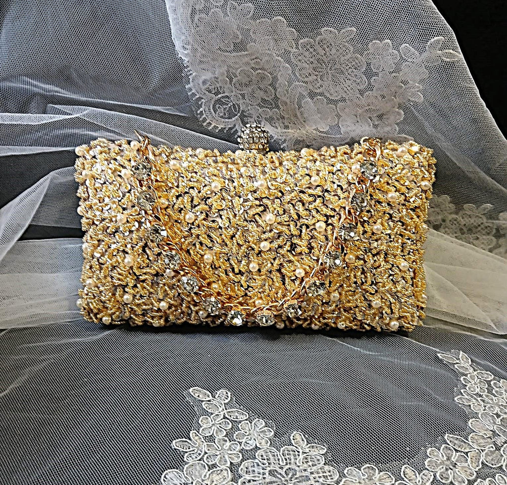 Champagne Gold Beaded Bridal Clutch: Sequin & Crystal Wedding Handbag