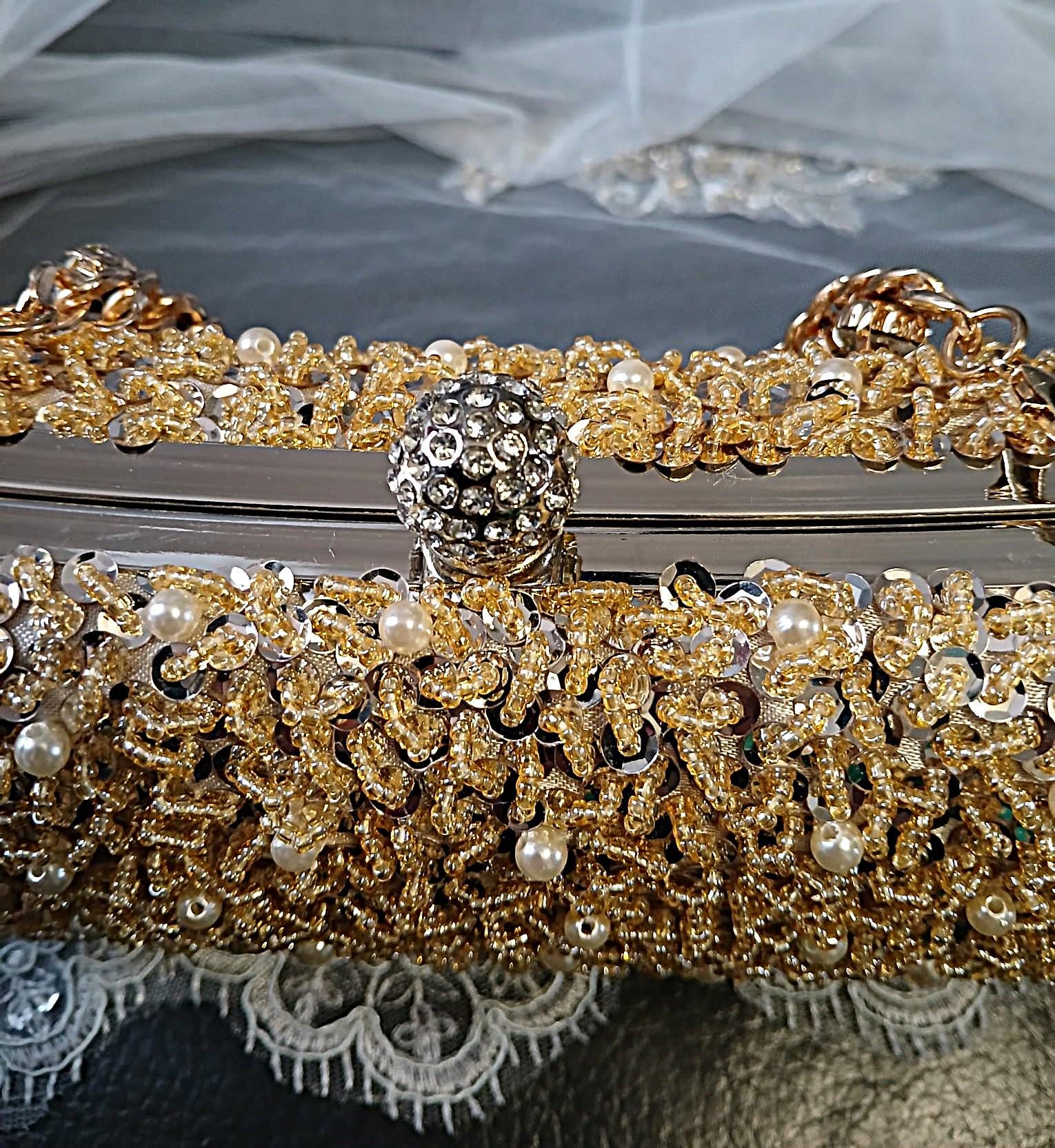 Champagne Gold Beaded Bridal Clutch: Sequin & Crystal Wedding Handbag