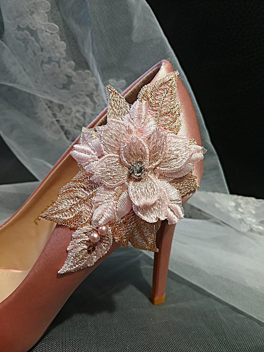 Blush Pink Satin High Heel Shoes with Floral Clutch Bag Set
