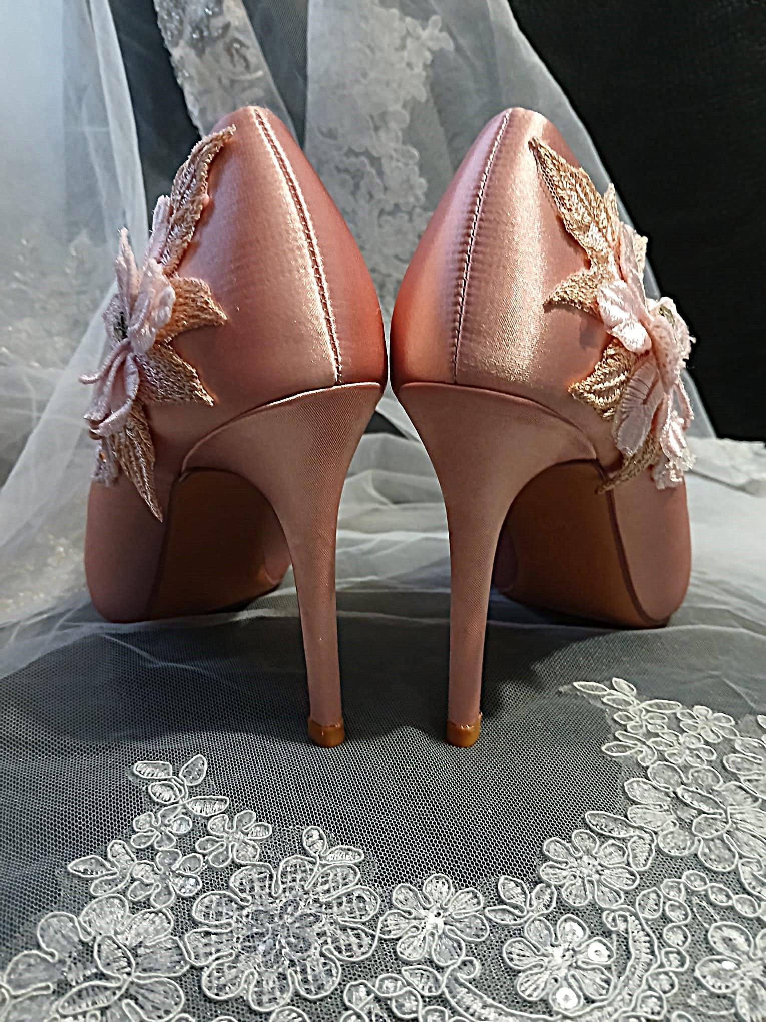 Blush Pink Satin High Heel Shoes with Floral Clutch Bag Set