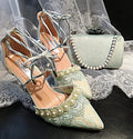Lime Cream Suede High Heel Sandal & Clutch Set: Floral Formal Footwear