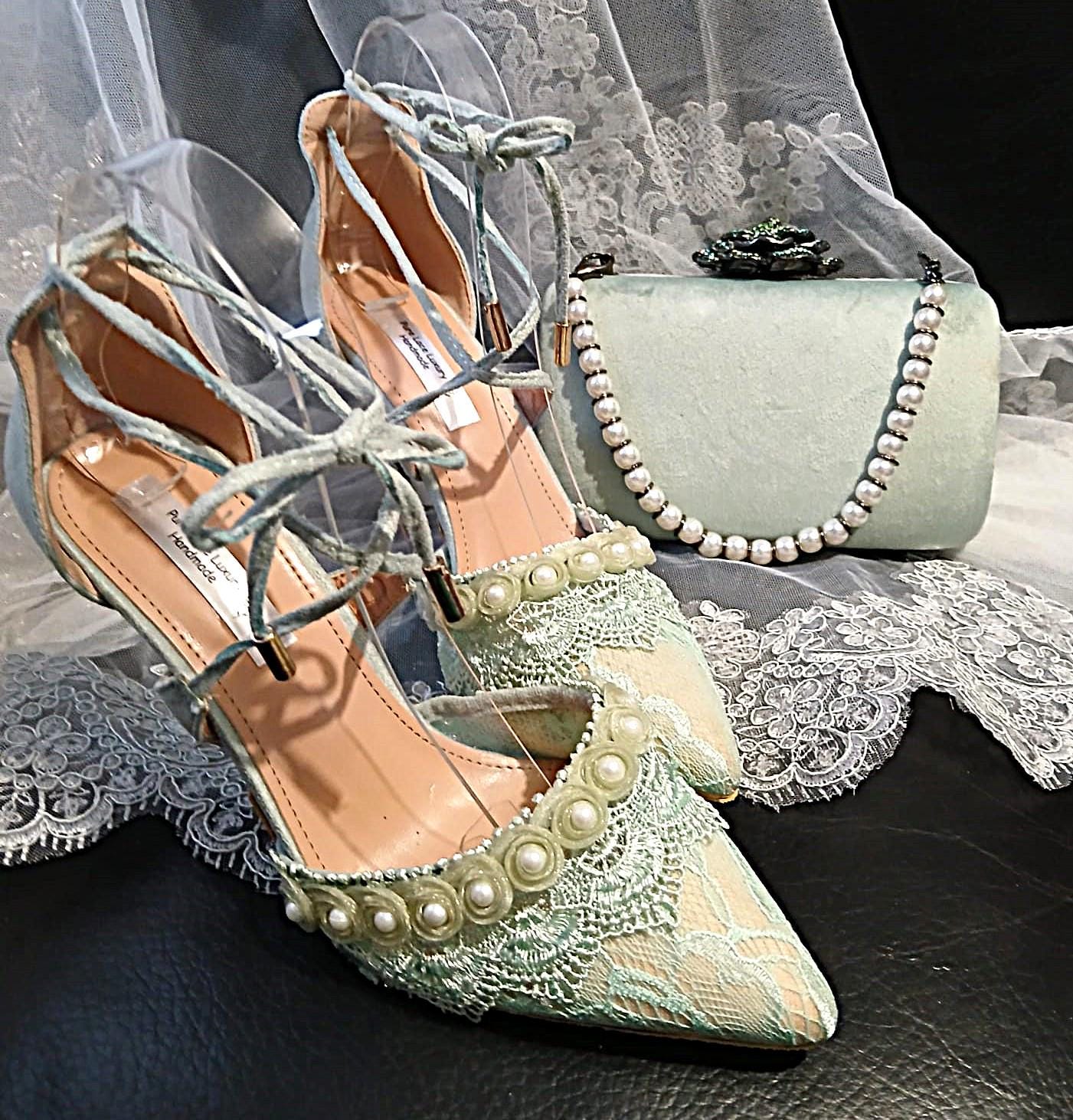Lime Cream Suede High Heel Sandal & Clutch Set: Floral Formal Footwear
