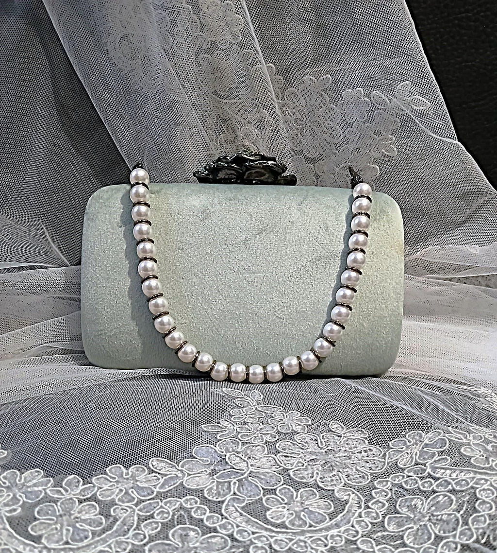Lime Cream Velvet Clutch: Pearl Handle Wedding Handbag