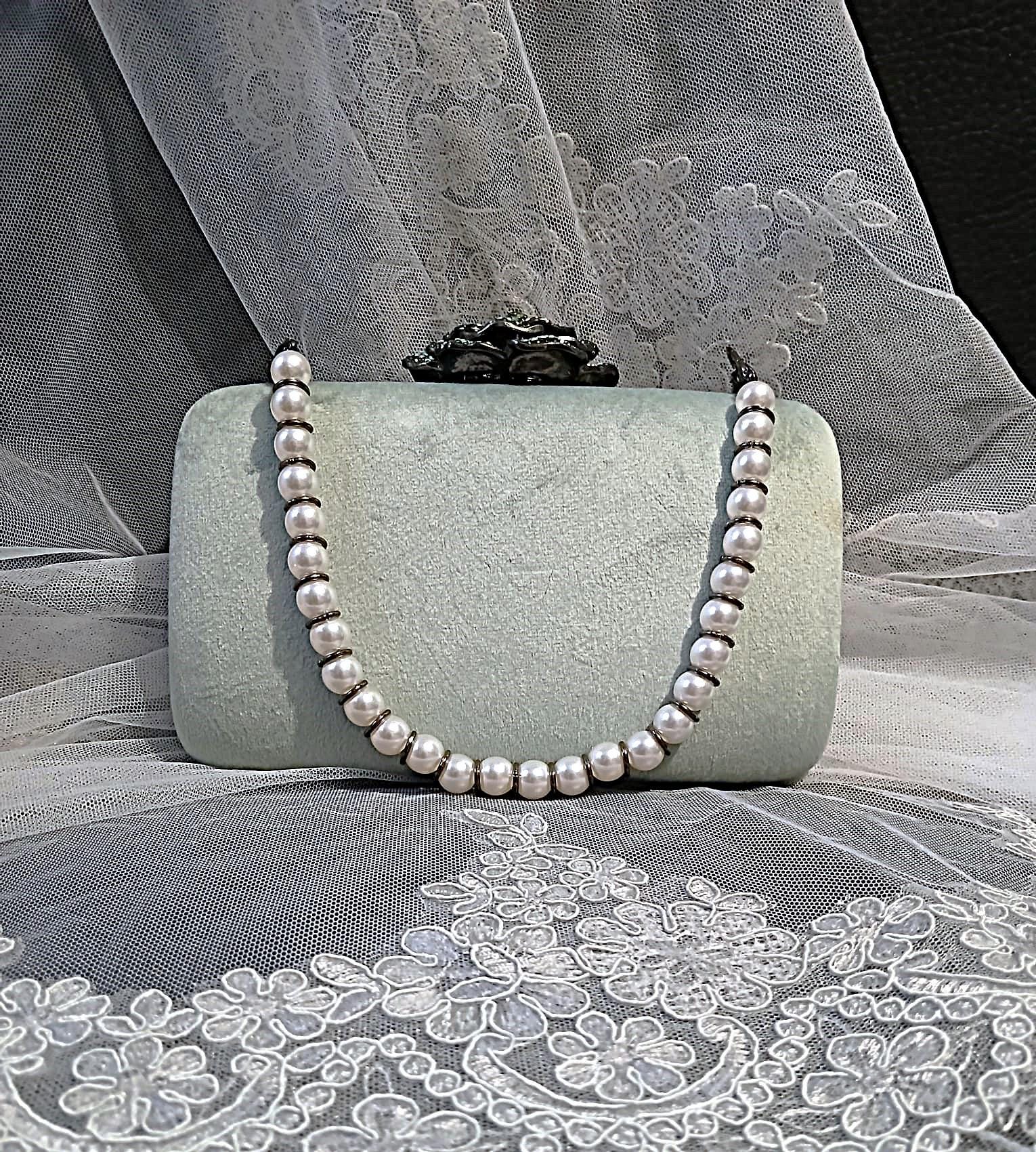 Lime Cream Velvet Clutch: Pearl Handle Wedding Handbag