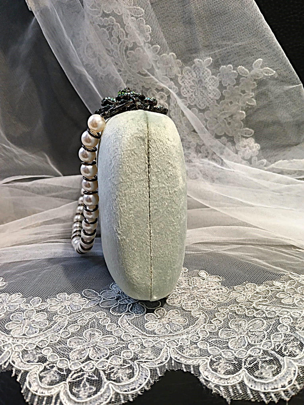 Lime Cream Velvet Clutch: Pearl Handle Wedding Handbag