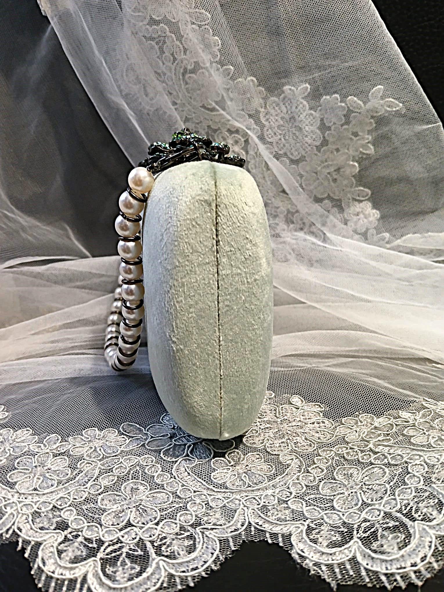 Lime Cream Velvet Clutch: Pearl Handle Wedding Handbag
