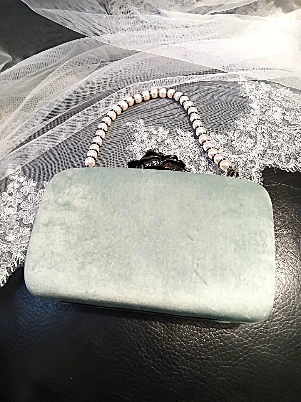 Lime Cream Velvet Clutch: Pearl Handle Wedding Handbag