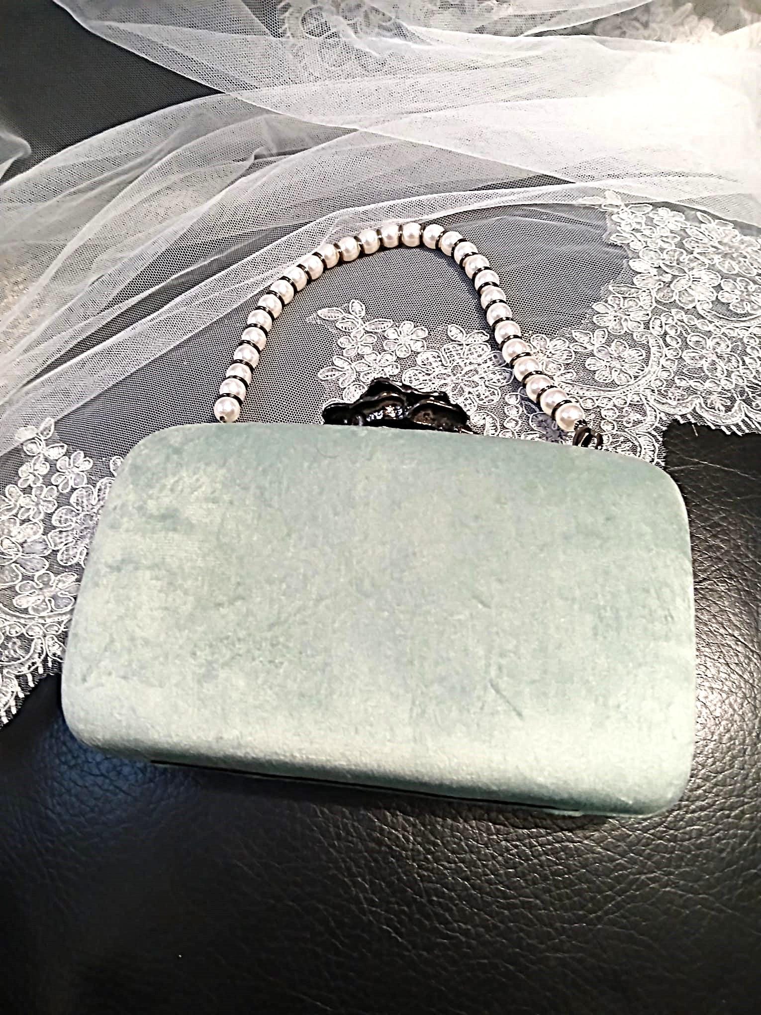 Lime Cream Velvet Clutch: Pearl Handle Wedding Handbag
