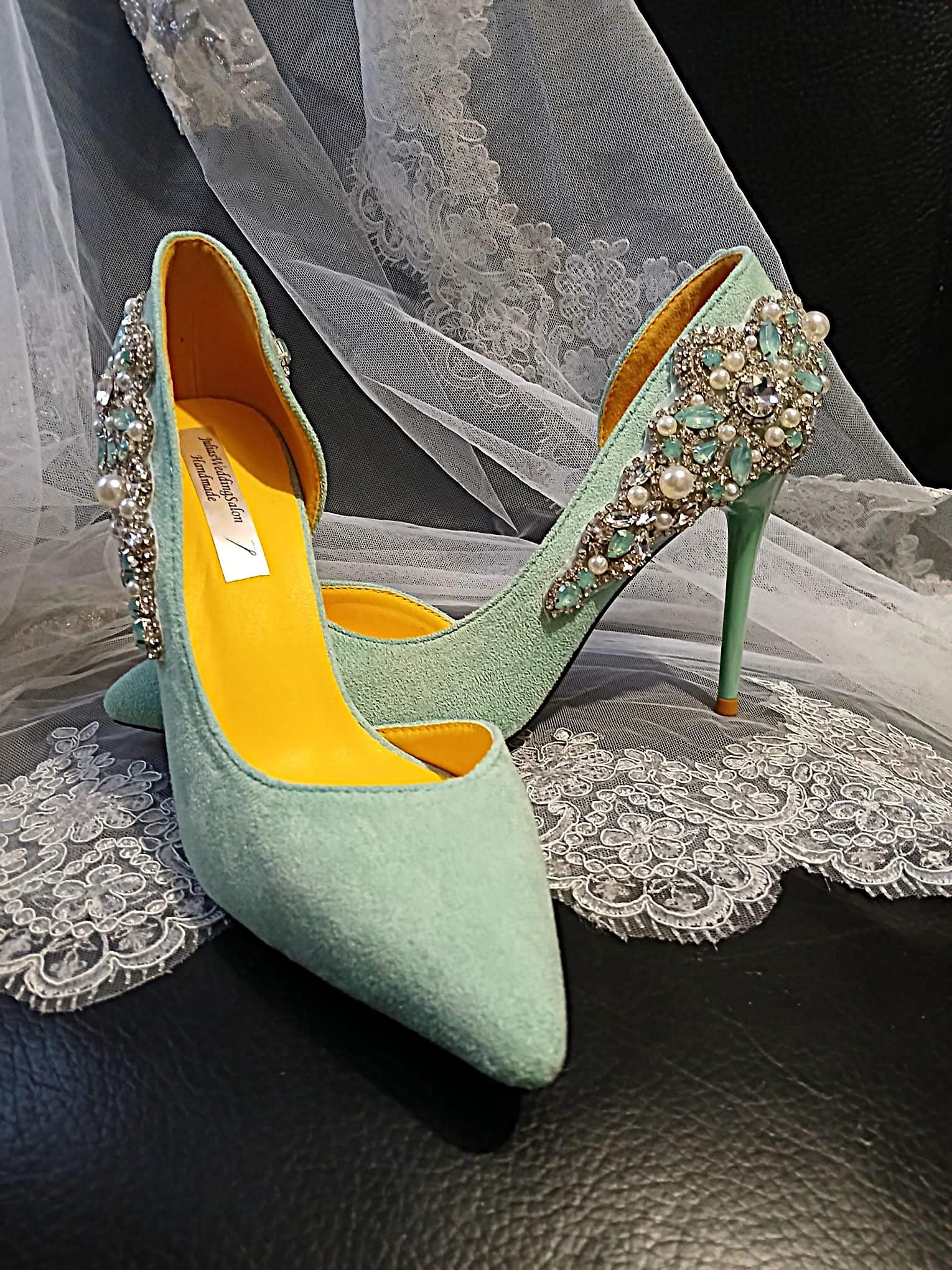 Sage Green Suede Bridal Shoes with Matching Clutch: Wedding Heel Set