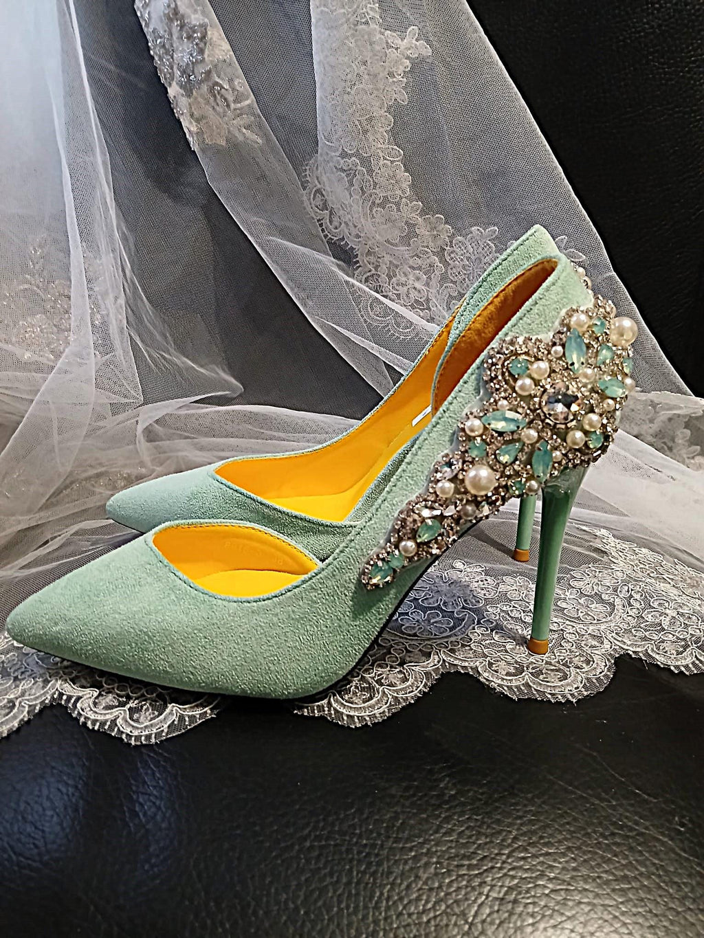 Sage Green Suede Bridal Shoes with Matching Clutch: Wedding Heel Set