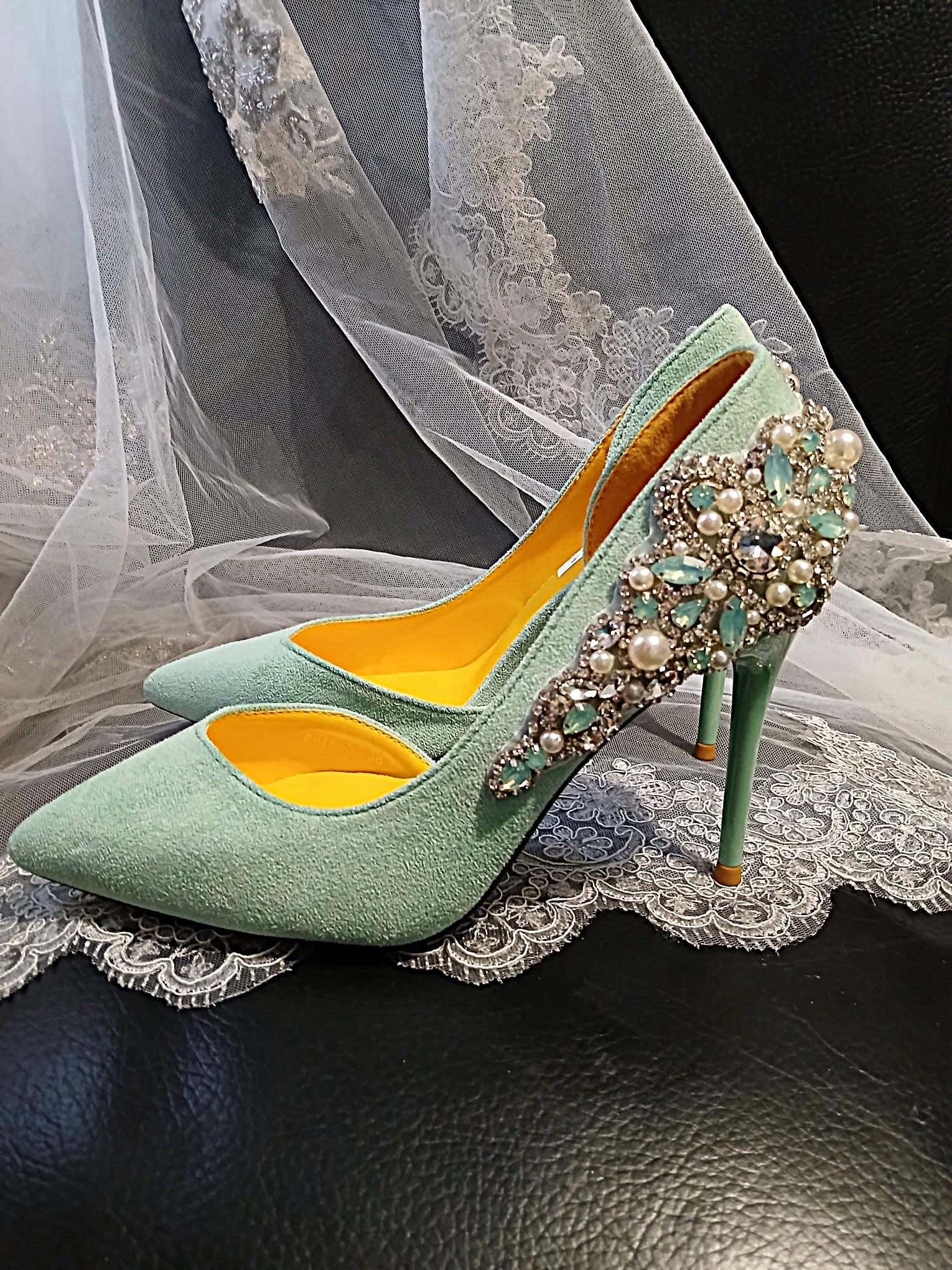 Sage Green Suede Bridal Shoes with Matching Clutch: Wedding Heel Set