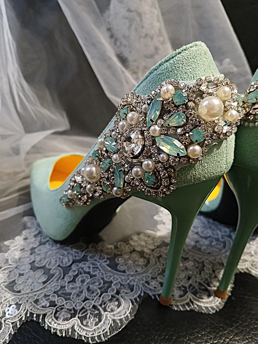 Sage Green Suede Bridal Shoes with Matching Clutch: Wedding Heel Set