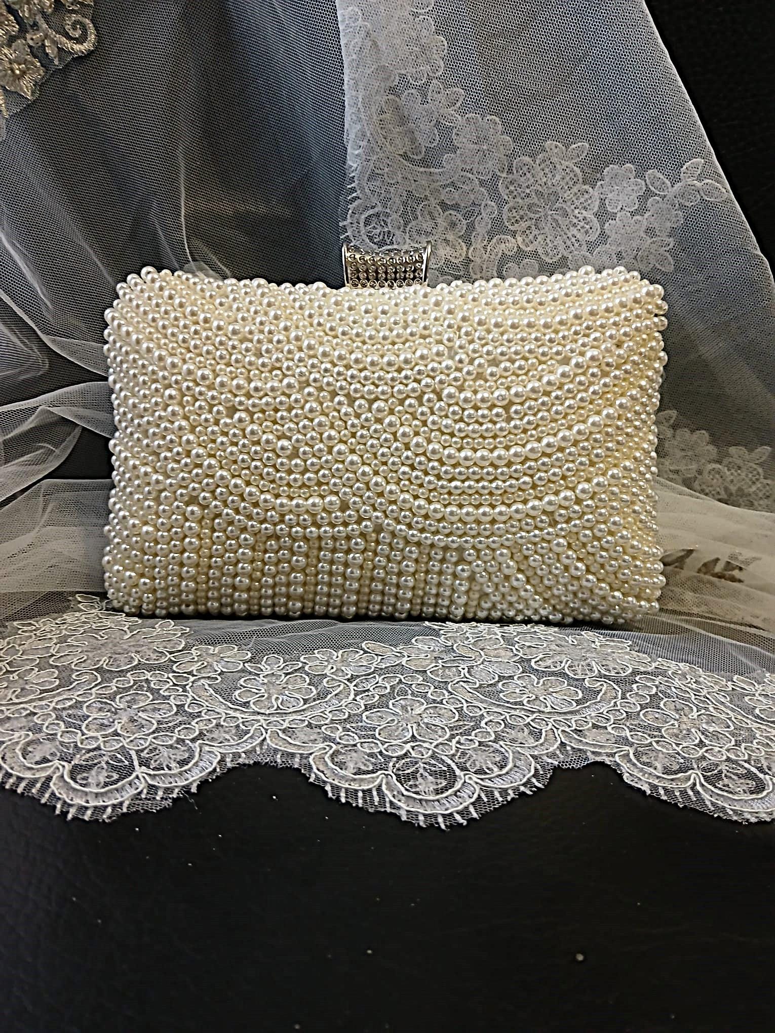 Ivory Pearl Evening Clutch Bag: Beaded Floral Bridal Handbag