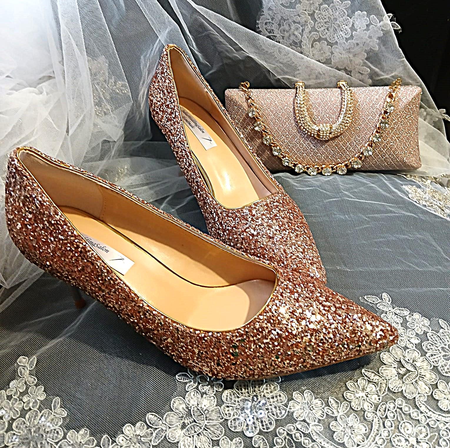 Rose Gold Glitter Shoes and Clutch Bag Set: Low Heel Bridal Footwear