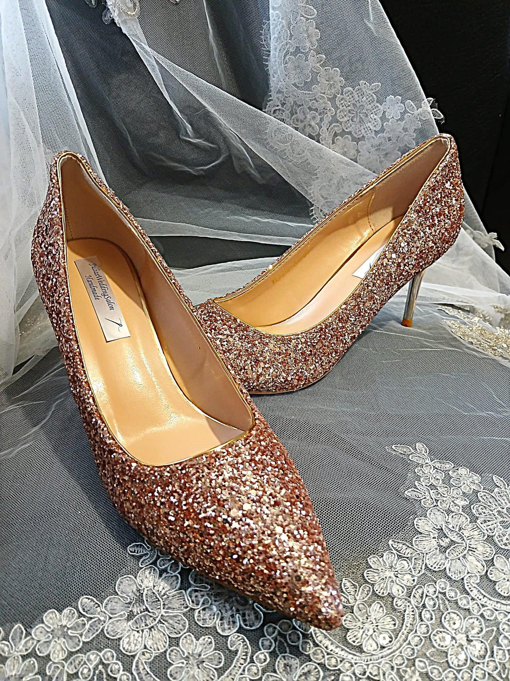 Rose Gold Glitter Shoes and Clutch Bag Set: Low Heel Bridal Footwear