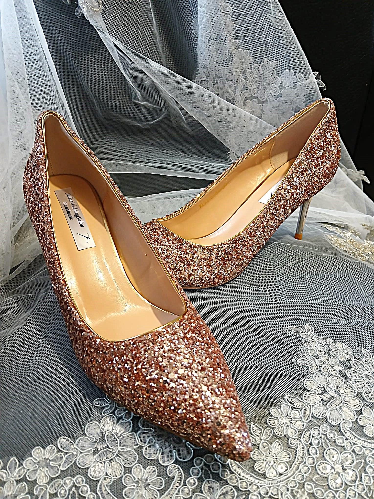Rose Gold Glitter Shoes and Clutch Bag Set: Low Heel Bridal Footwear