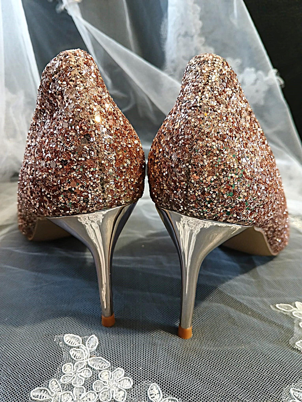 Rose Gold Glitter Shoes and Clutch Bag Set: Low Heel Bridal Footwear