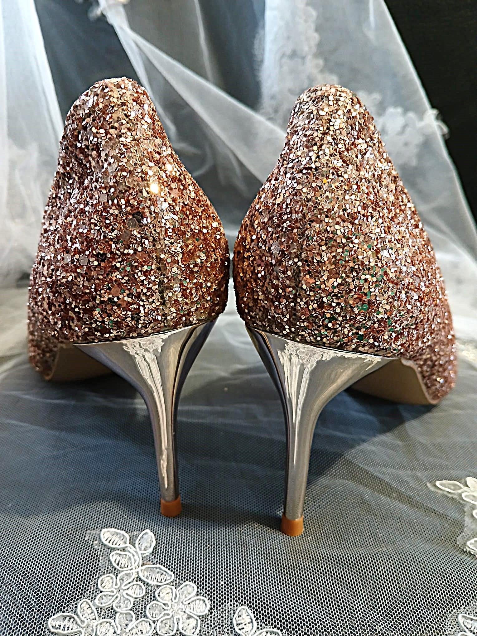 Rose Gold Glitter Shoes and Clutch Bag Set: Low Heel Bridal Footwear