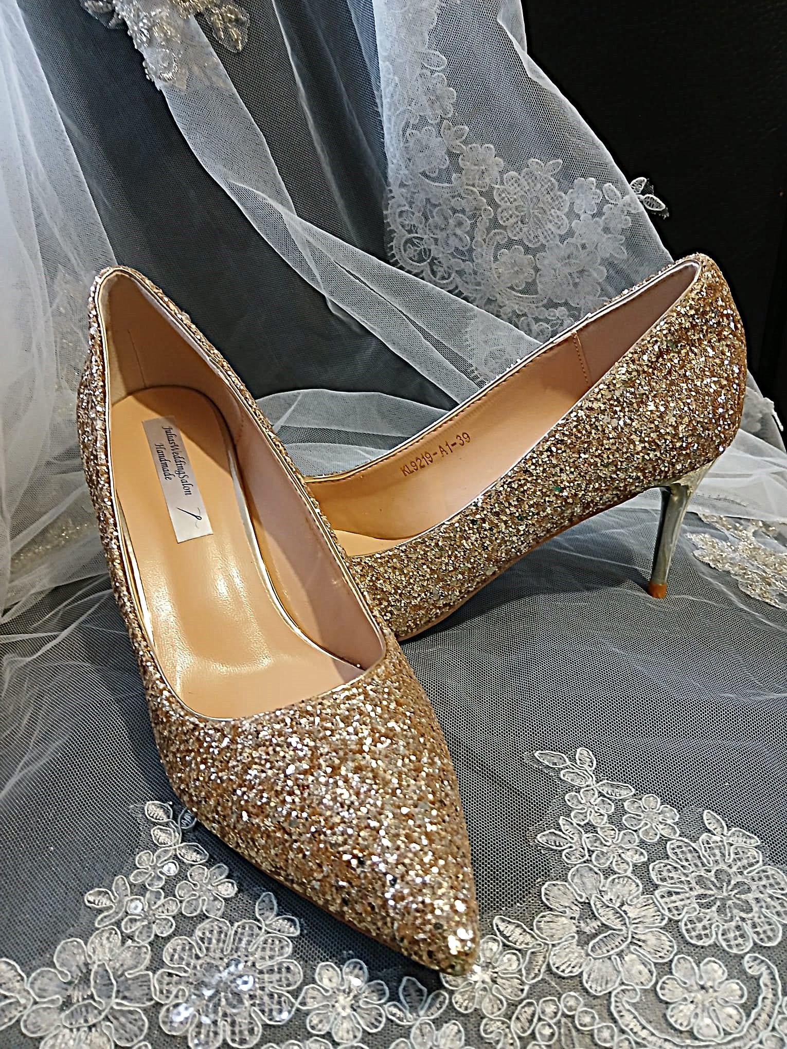 Gold Glitter Low Heel Shoes and Clutch Bag Set: Bridal, Bridesmaid Footwear