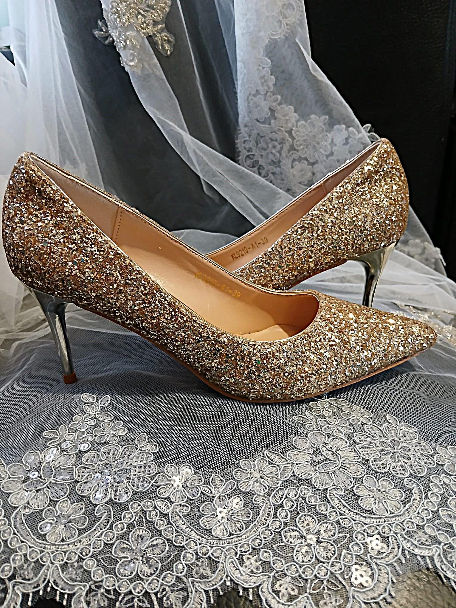 Gold Glitter Low Heel Shoes and Clutch Bag Set: Bridal, Bridesmaid Footwear