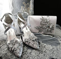 New Silver Grey Floral Block Heel Sandal Set with Matching Evening Clutch