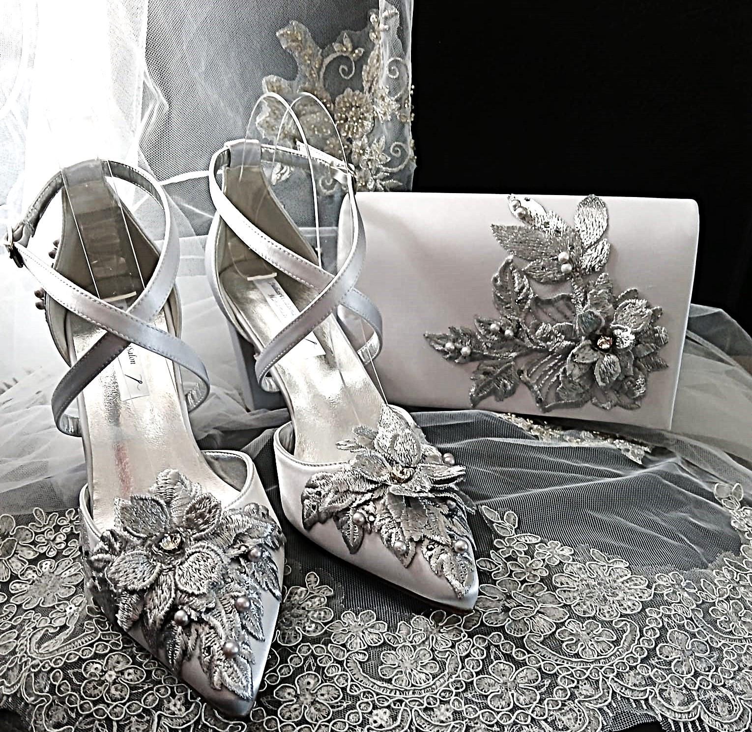 New Silver Grey Floral Block Heel Sandal Set with Matching Evening Clutch