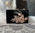 Black Velvet Evening Clutch: Blush Pink Flowers, Pearl Handle