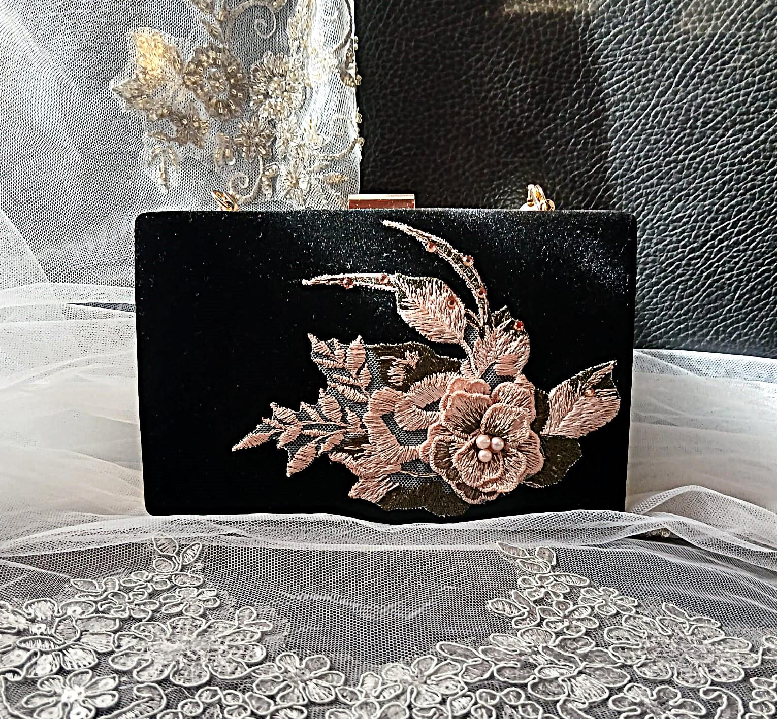 Black Velvet Evening Clutch: Blush Pink Flowers, Pearl Handle
