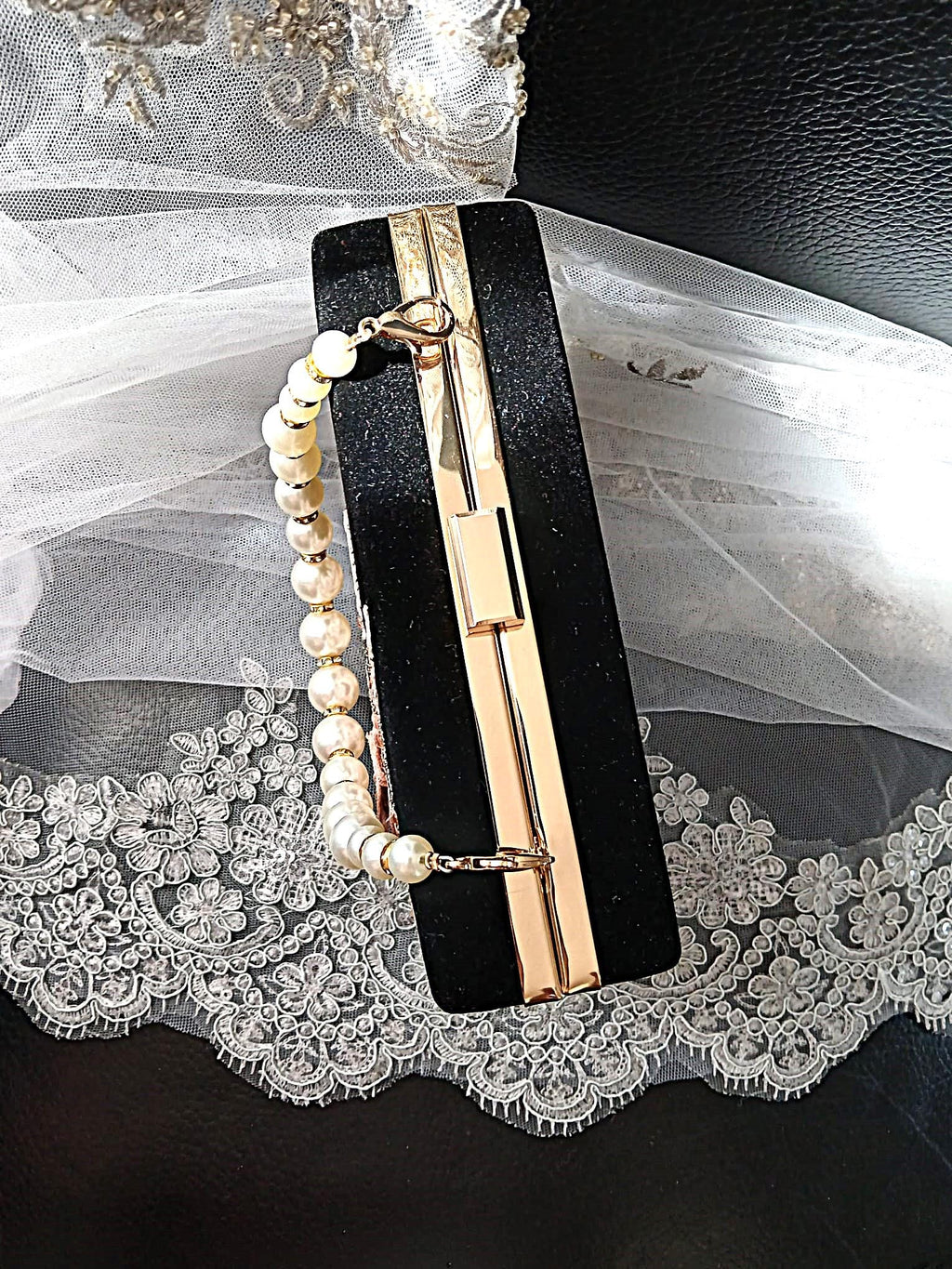 Black Velvet Evening Clutch: Blush Pink Flowers, Pearl Handle