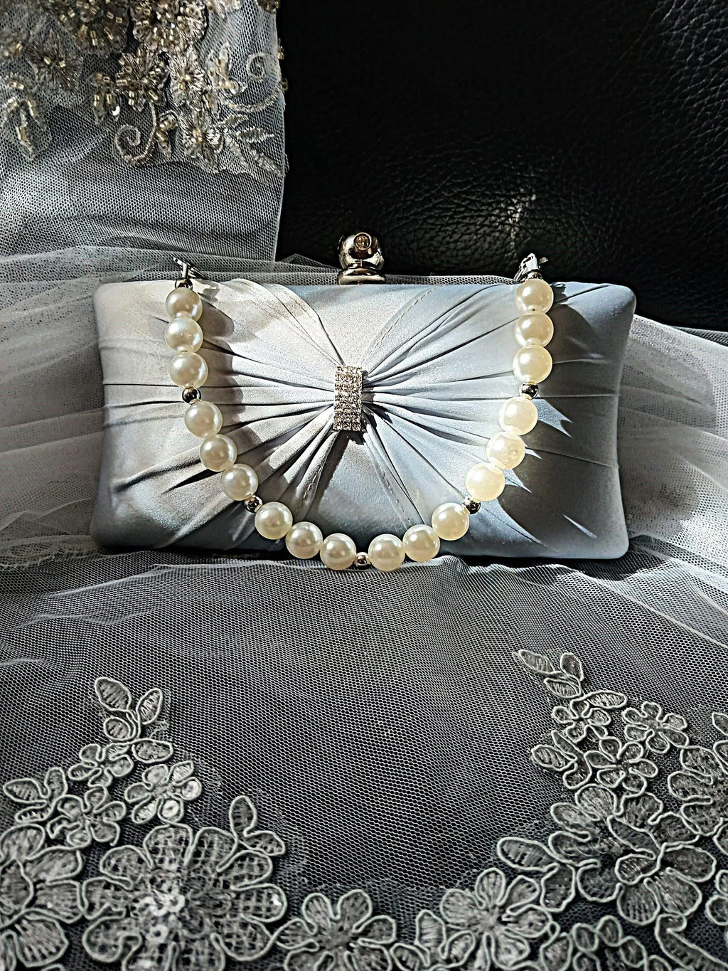 Silver Satin Evening Clutch Bag: Pearl Handle Wedding Handbag
