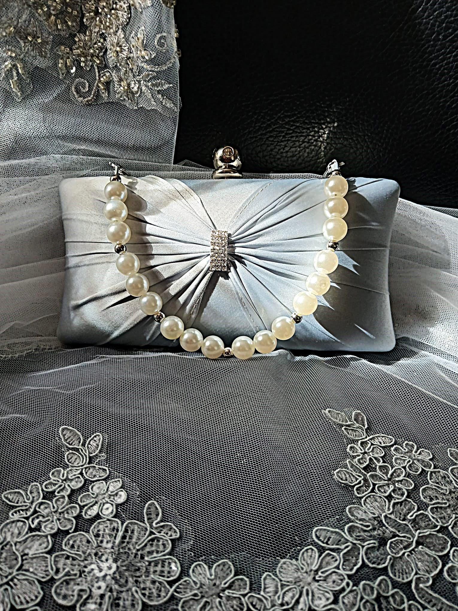 Silver Satin Evening Clutch Bag: Pearl Handle Wedding Handbag