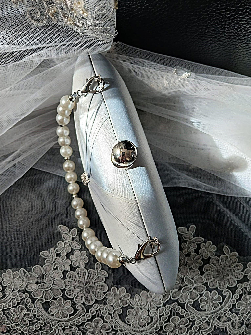 Silver Satin Evening Clutch Bag: Pearl Handle Wedding Handbag