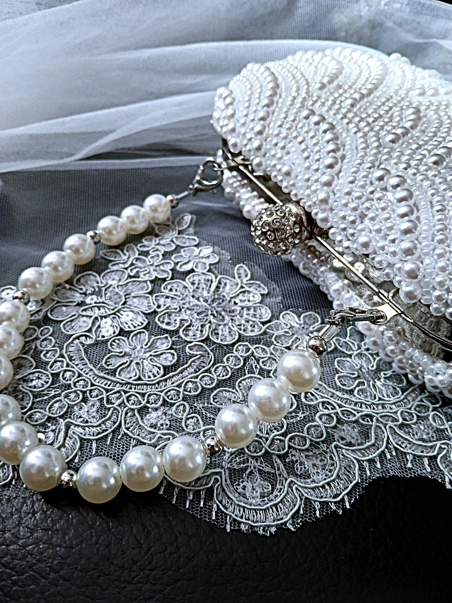White Pearl Evening Clutch: Crystal Closure Wedding Handbag