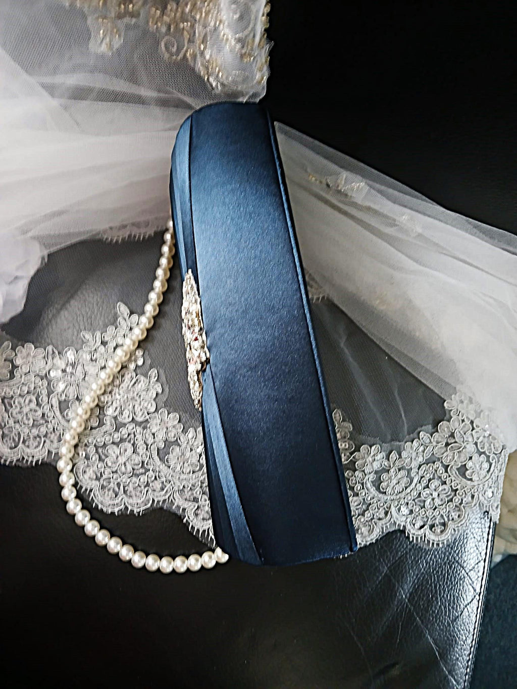 Navy Blue Satin Evening Clutch Bag: Pearl Handle, Crystal Design