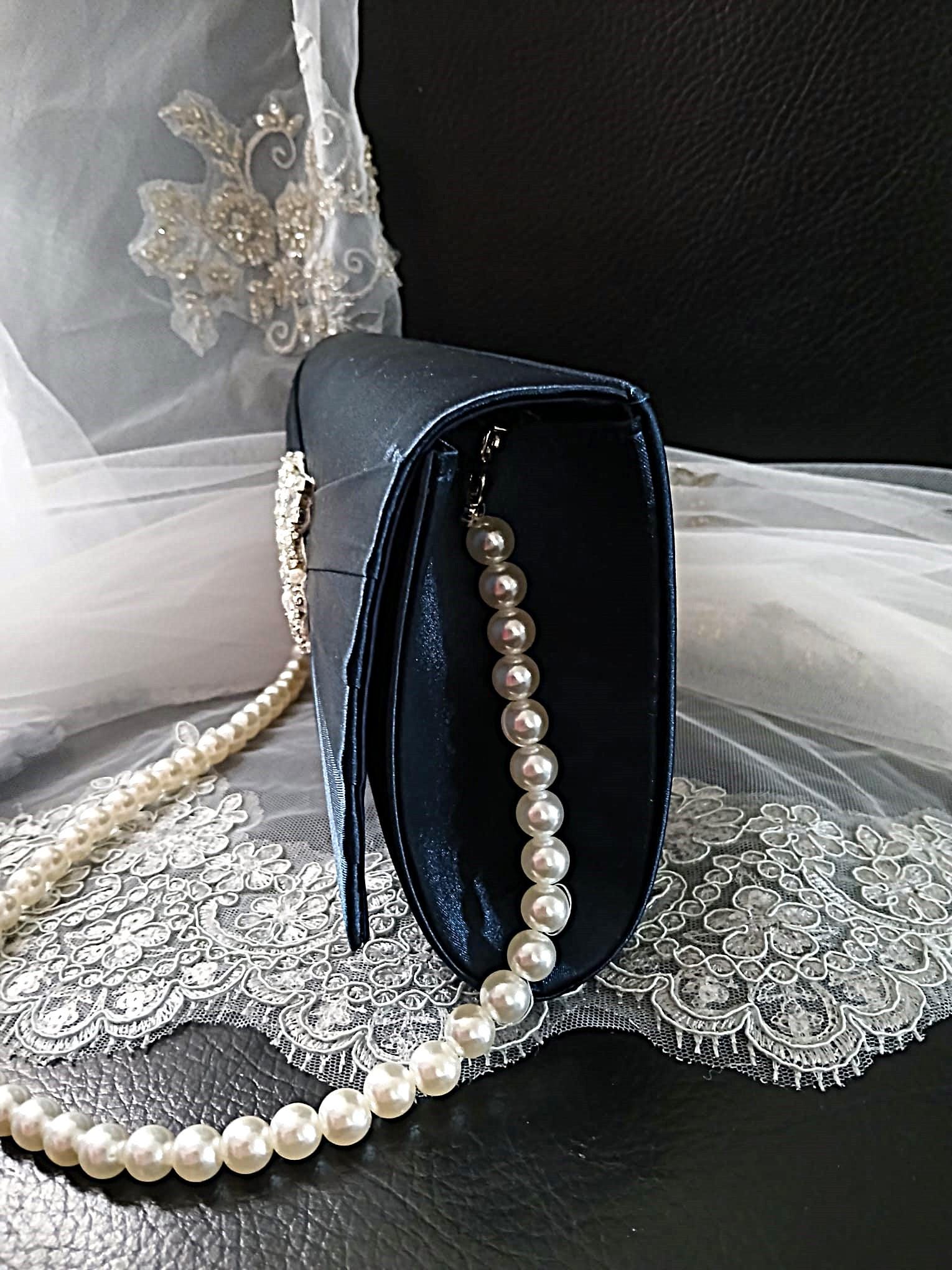 Navy Blue Satin Evening Clutch Bag: Pearl Handle, Crystal Design
