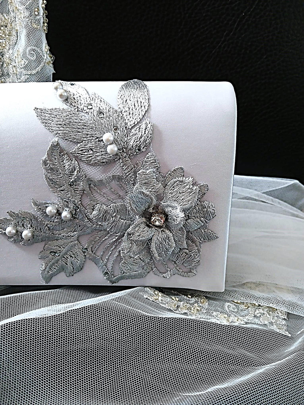 Silver Grey Satin Clutch Bag: Floral Wedding Handbag with Chain