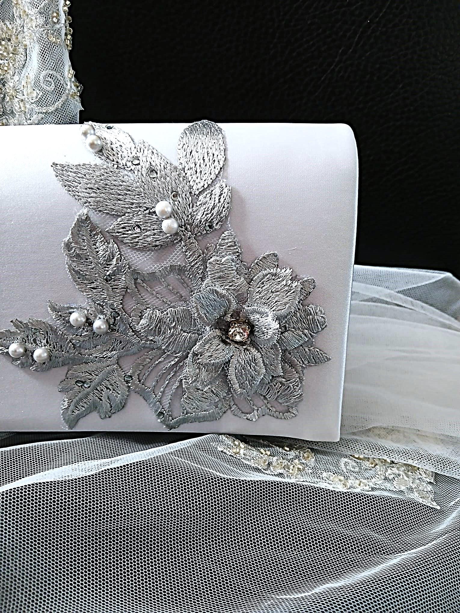 Silver Grey Satin Clutch Bag: Floral Wedding Handbag with Chain