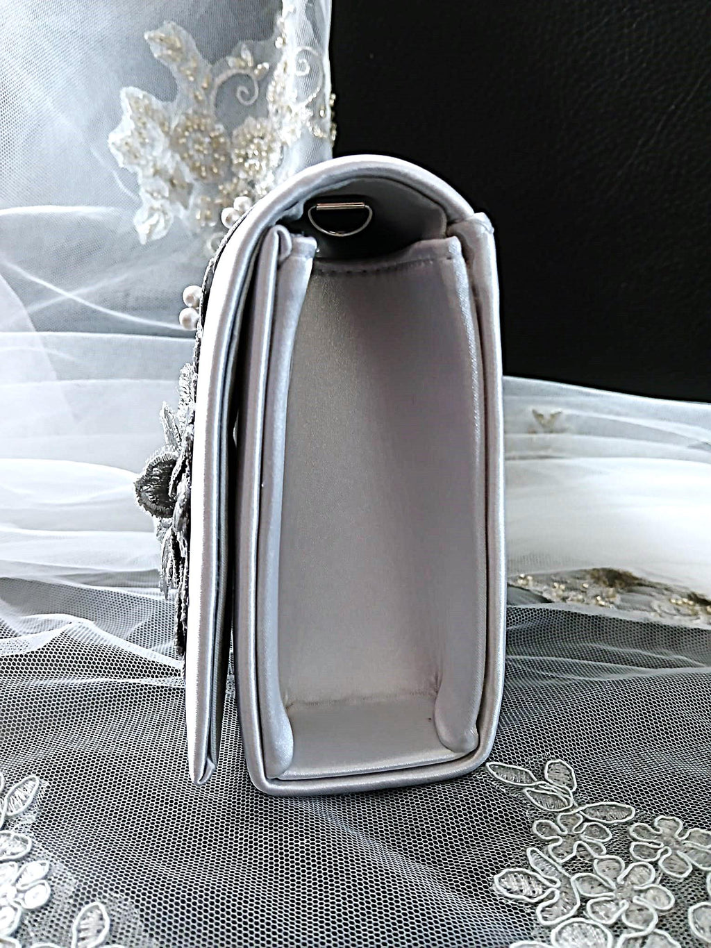 Silver Grey Satin Evening Clutch Bag with Matching Floral Design Hat
