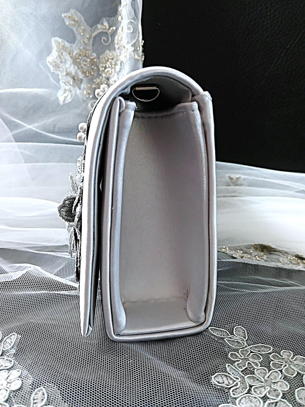 Silver Grey Satin Clutch Bag: Floral Wedding Handbag with Chain