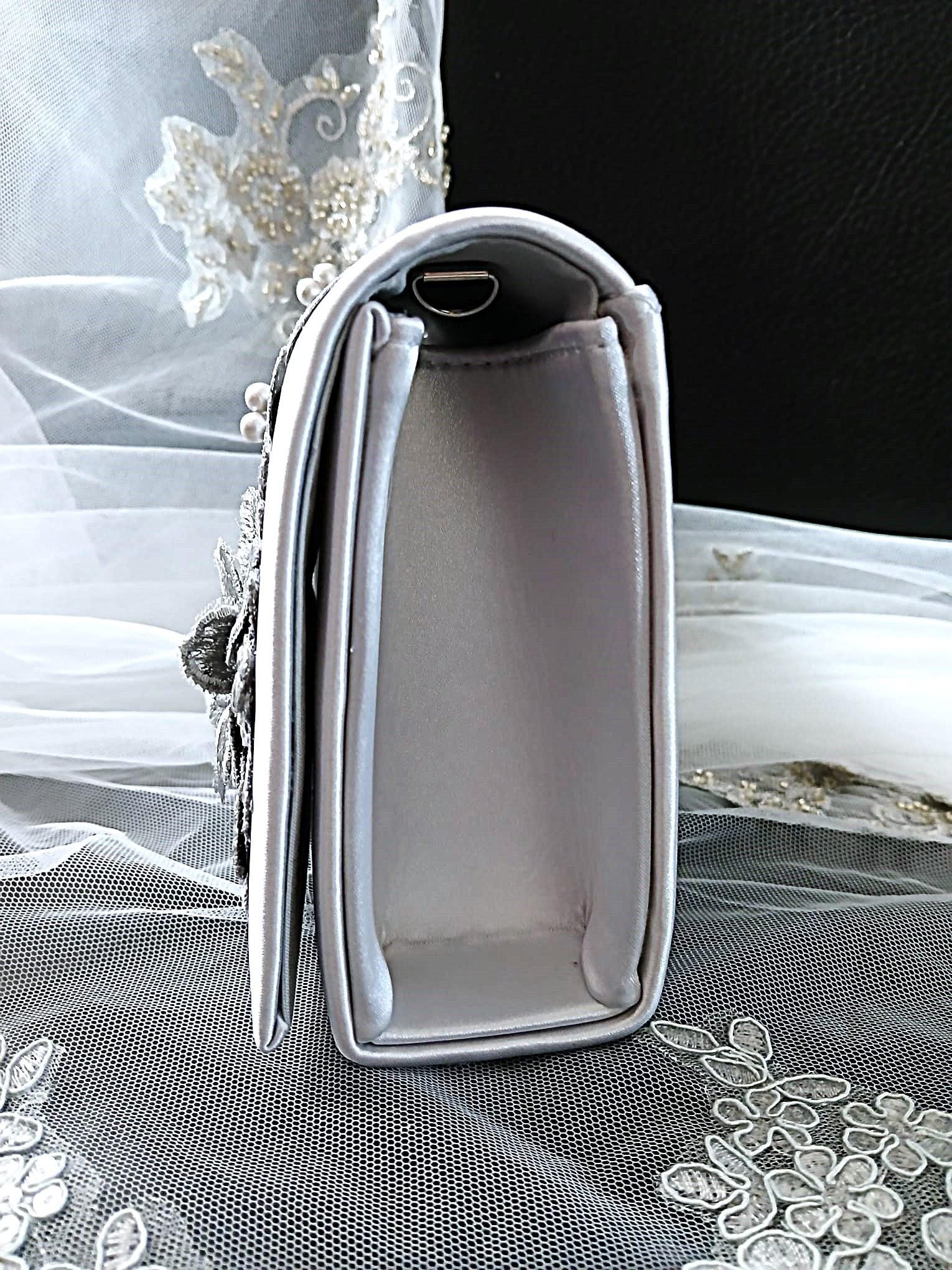 Silver Grey Satin Clutch Bag: Floral Wedding Handbag with Chain