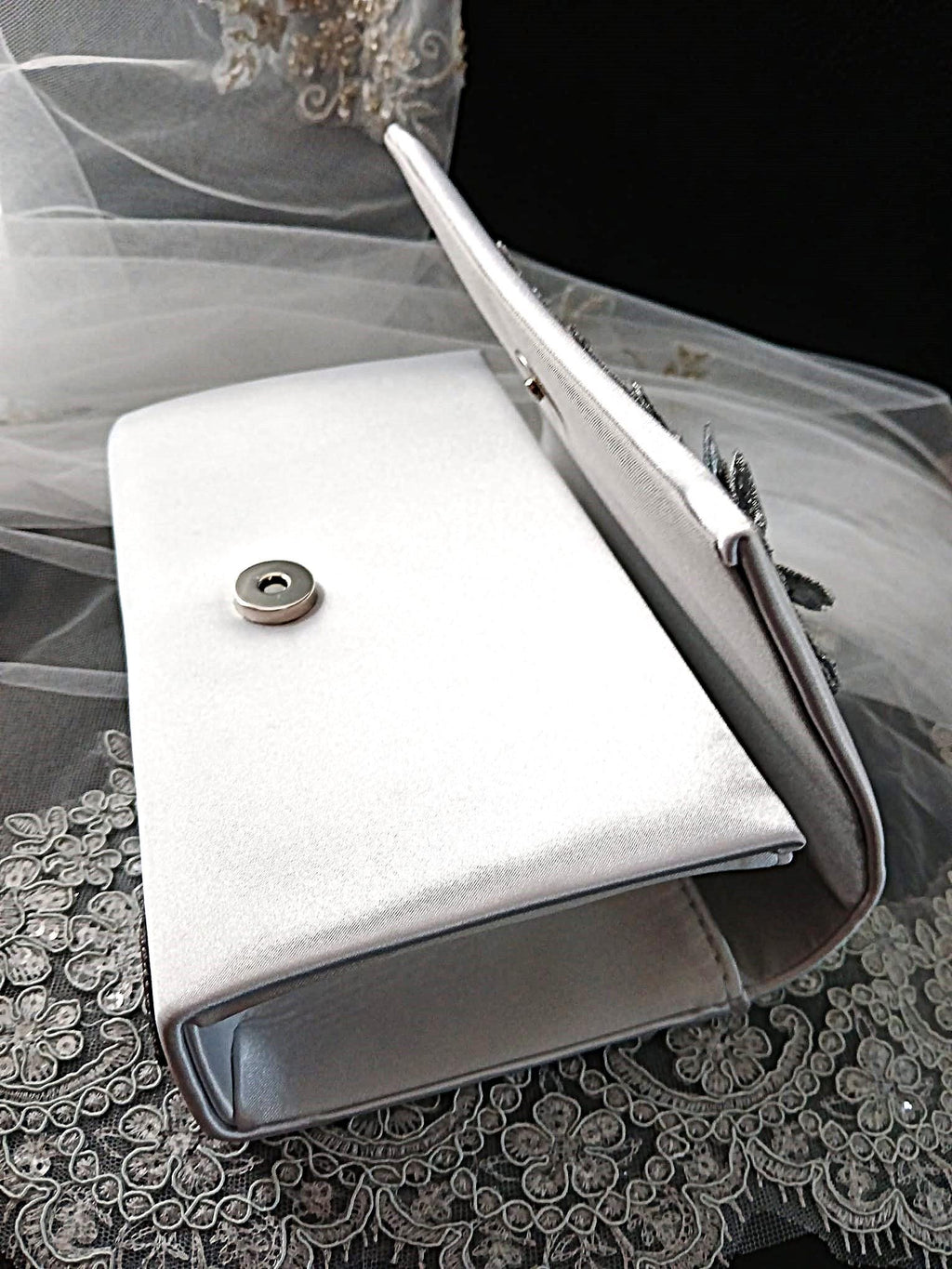 Silver Grey Satin Evening Clutch Bag with Matching Floral Design Hat