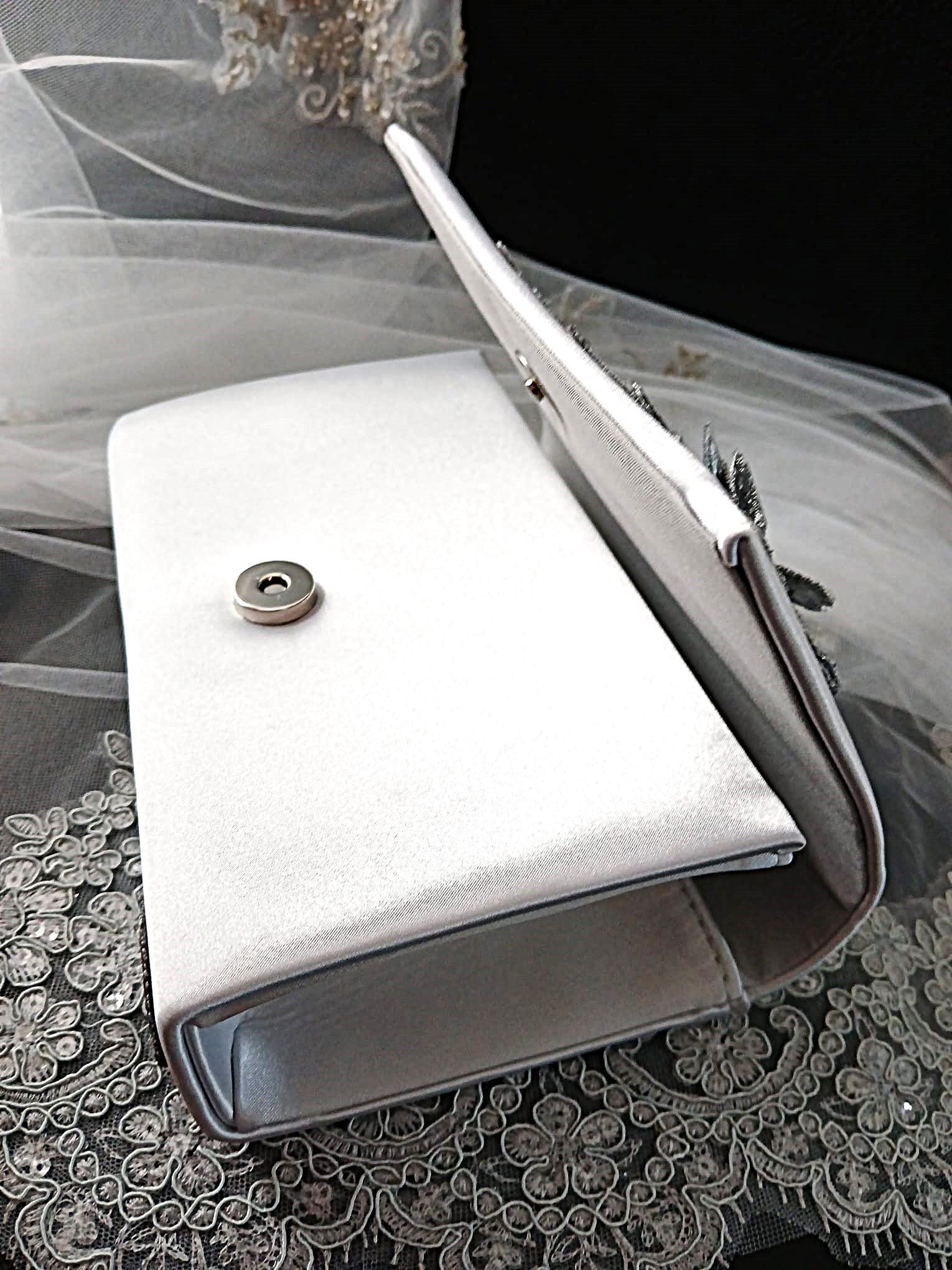 Silver Grey Satin Evening Clutch Bag with Matching Floral Design Hat