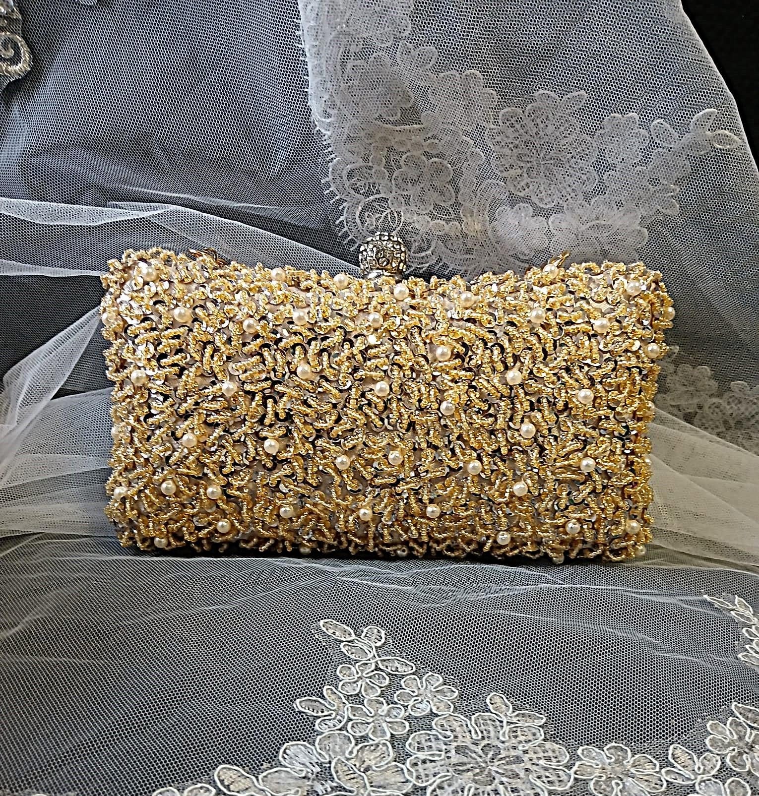 Champagne Gold Beaded Bridal Clutch: Sequin & Crystal Wedding Handbag