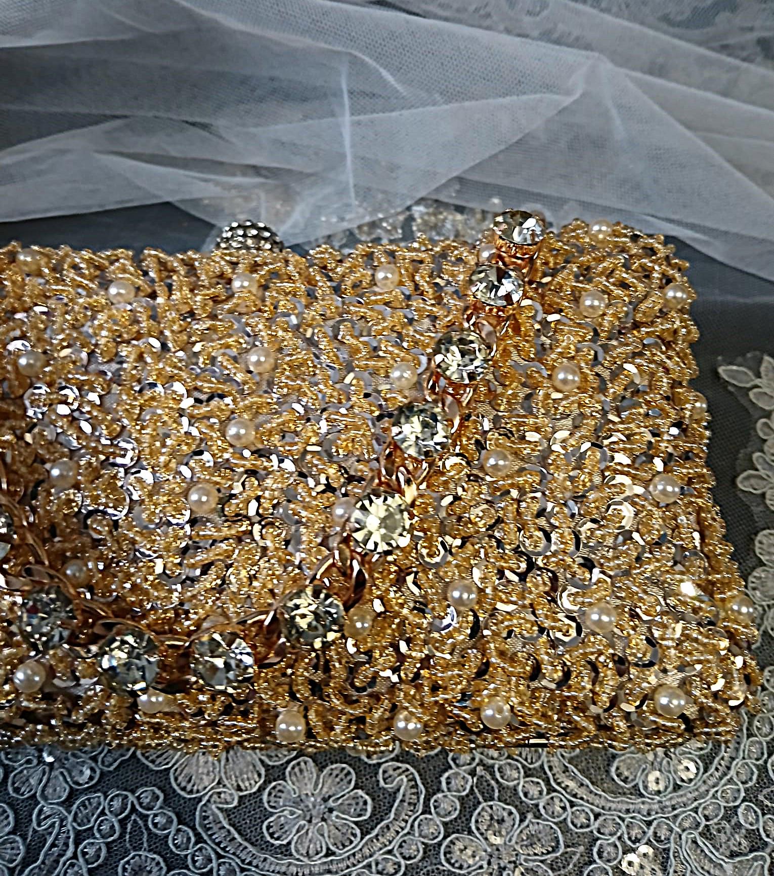 Champagne Gold Beaded Bridal Clutch: Sequin & Crystal Wedding Handbag