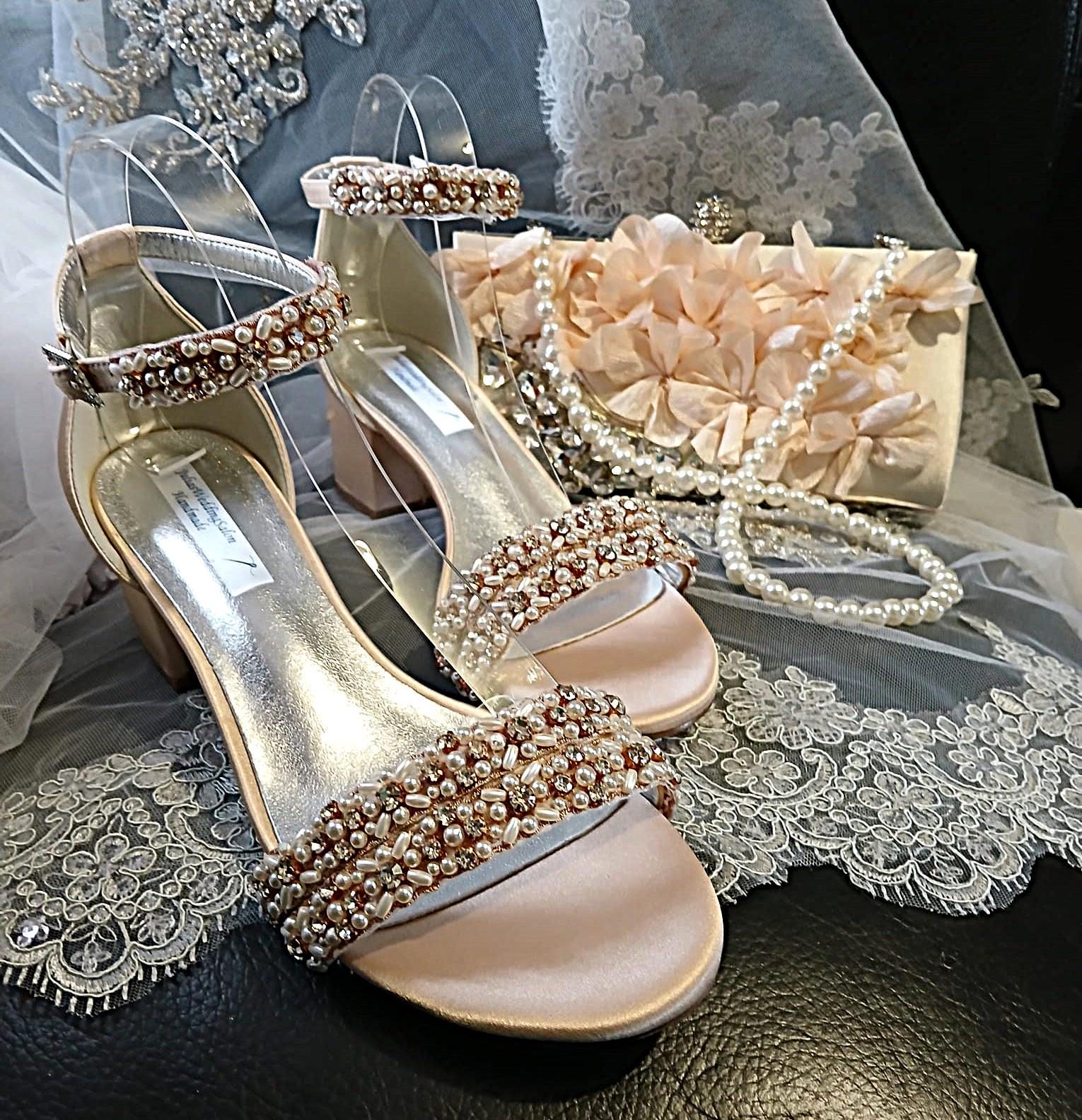 Champagne Bridal Sandal & Clutch Set: Pearl Crystal Block Heel Shoes