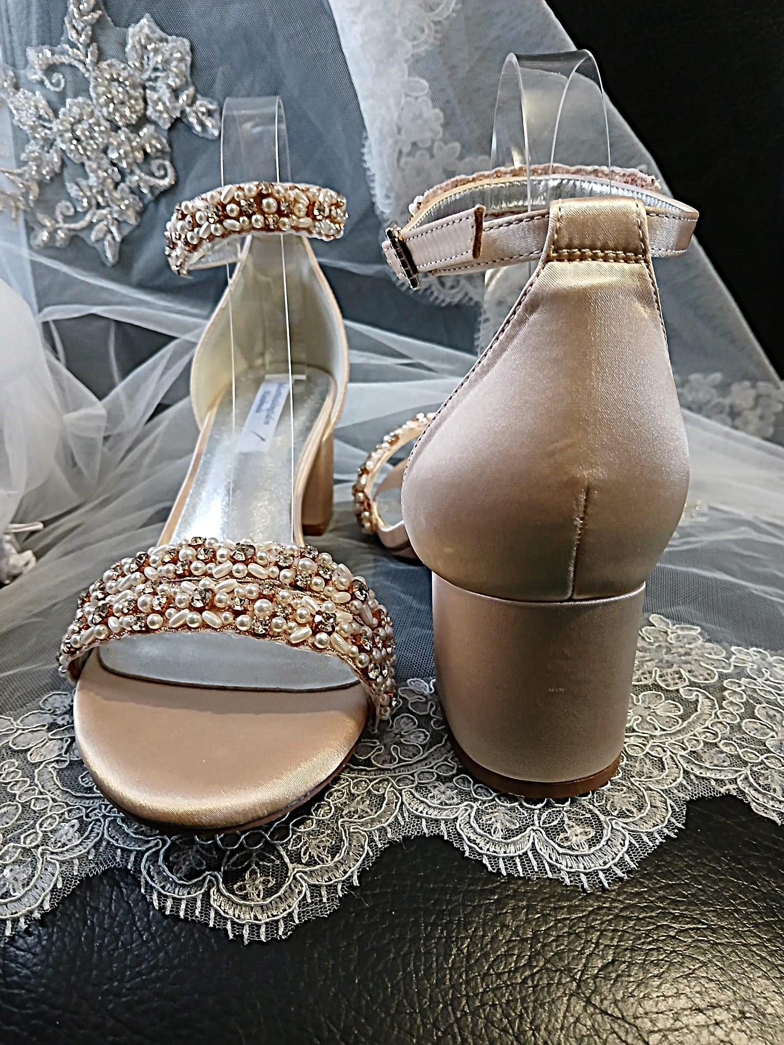 Champagne Bridal Sandal & Clutch Set: Pearl Crystal Block Heel Shoes